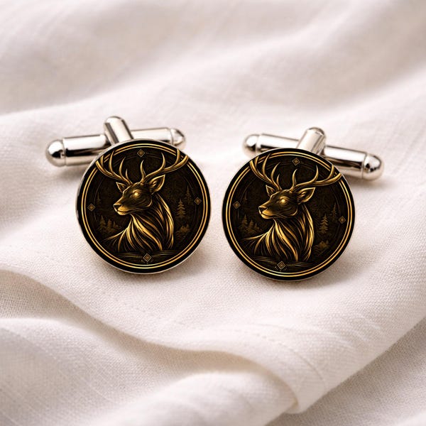 Stag Cufflinks • Deer Spirit Animal Cufflinks • Stag Jewellery for Men • Black Gold Cufflinks • Strength & Renewal Symbol •