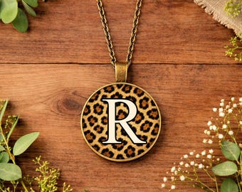 Personalised Leopard Print Necklace • Initial Necklace • Custom Name Pendant • Animal Print Jewellery • Gold Silver Bronze Gift for Birthday