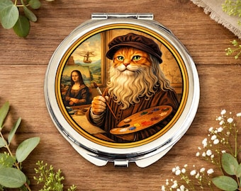 Lustro z kotem Leonarda da Vinci • Prezent dla artysty-kota • Lustro z kotem renesansu • Prezent dla malarza-kota • Prezent dla miłośnika sztuki • Kreatywne lustro z kotem • Fajny kot