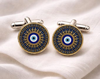 Byzantine Evil Eye Cufflinks • Mediterranean Talisman Cufflinks • Nazar Protection Symbol Gift • Gift for Him