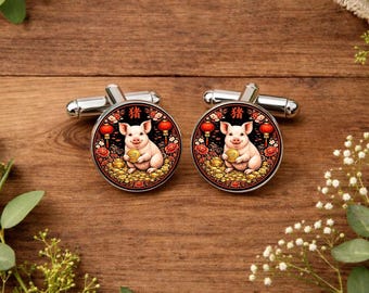Year of the Pig Cufflinks for Men • Chinese Zodiac Jewellery • Lunar New Year Gift • Pig Zodiac Sign Gift • Groomsmen Gift • Gift Boxed
