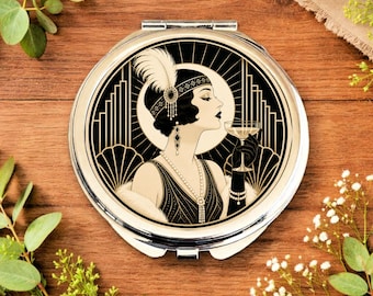Champagne Socialite Compact Mirror • Art Deco Flapper Pocket Mirror • Roaring 20s Makeup Mirror • Vintage Glam Gift