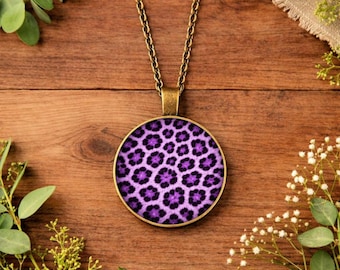 Purple Leopard Print Necklace • Animal Print Pendant • Statement Jewellery • Trendy Necklace • Gold Silver Bronze Necklace Gift for Birthday