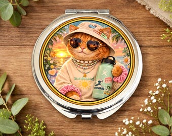 VSCO Girl Cat Mirror • Aesthetic Cat Gift • Beach Sunset Cat • Trendy Teen Gift • Cute Summer Vibes Mirror