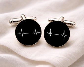 Heartbeat Cufflinks • ECG Line Cufflinks • Minimalist Romantic Jewellery • Heart Skips a Beat Gift • Monochrome Love Symbol Cufflinks