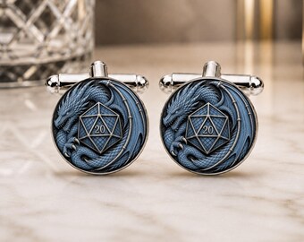 Dusty Blue D20 Dragon Cufflinks • Fantasy RPG Wedding Cufflinks • Dragon Dice Gift • Tabletop Gamer Jewellery • Dusty Blue Groomsmen Gift