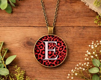 Personalised Red Leopard Print Necklace • Initial Necklace • Custom Name Pendant • Animal Print Jewellery • Gold Silver Bronze Chain Gift