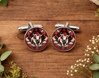 Year of the Ox Cufflinks for Men • Chinese Zodiac Jewellery • Lunar New Year Gift • Ox Zodiac Sign Gift • Groomsmen Gift • Gift Boxed