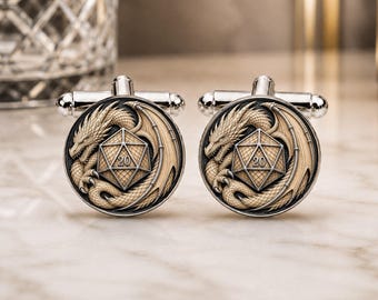 Champagne D20 Dragon Cufflinks • Fantasy RPG Wedding Cufflinks • Dragon Dice Gift • Tabletop Gamer Jewellery • Champagne Groomsmen Gift