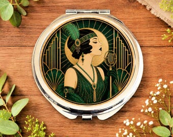Emerald Art Deco Compact Mirror • Jazz Singer Pocket Mirror • Vintage Flapper Makeup Mirror • 1920s Club Singer Gift