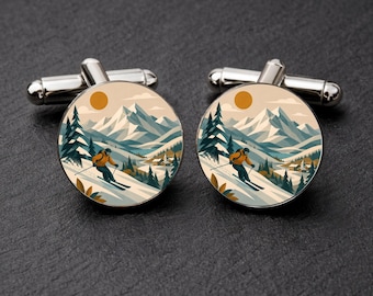 Skiing Cufflinks • Skier Gift for Men • Winter Sports Cufflinks • Ski Lover Gift • Mountain Skiing Jewellery • Skiing Accessories