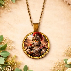 Puede incluir: Collar con cadena de bronce y colgante redondo. El colgante muestra un gato con armadura romana, sosteniendo una espada. El gato tiene ojos verdes y una pluma roja en el casco. El fondo muestra un coliseo romano.
