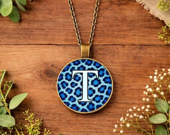Personalised Blue Leopard Print Necklace • Initial Necklace • Custom Name Pendant • Animal Print Jewellery • Gold Silver Bronze Gift