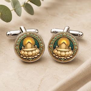 Peut inclure: Une paire de boutons de manchette ronds en argent présentant une illustration détaillée d'une base de fleur de lotus dorée soutenant un trône arqué, sur fond bleu sarcelle avec un halo jaune et des accents turquoise.
