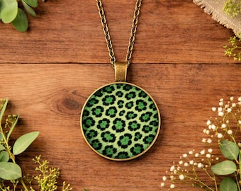 Green Leopard Print Necklace • Animal Print Pendant • Statement Jewellery • Trendy Necklace • Gold Silver Bronze Necklace Gift for Birthday