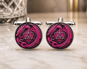 Hot Pink D20 Dragon Cufflinks • Fantasy RPG Wedding Cufflinks • Dragon Dice Gift • Tabletop Gamer Jewellery • Pink Groomsmen Gift