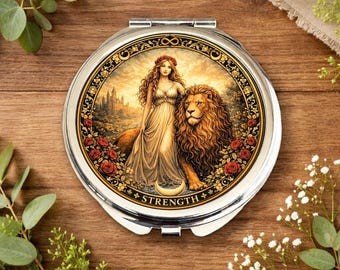 Strength Tarot Card Pocket Mirror – Major Arcana Gift for Tarot Lovers, Symbolic Spiritual Compact Mirror
