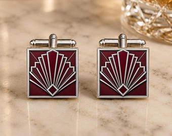 Burgundy Art Deco Cufflinks • Square 1920s Wedding Cuff Links • Roaring 20s Groom Gift • Burgundy Groomsmen Cufflinks