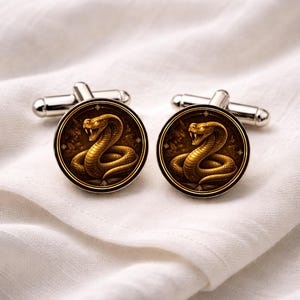 Op de afbeelding: Een paar zilveren manchetknopen met een cirkelvormig ontwerp. Elke manchetknop heeft een gouden cobra met open mond, tegen een bruine achtergrond en een gouden rand. De manchetknopen worden gepresenteerd op een witte doek.