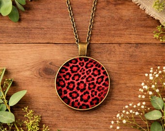 Red Leopard Print Necklace • Animal Print Pendant • Statement Jewellery • Trendy Necklace • Gold Silver Bronze Necklace • Gift for Birthday