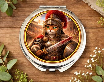 Lustro w kształcie kota gladiatora • Prezent dla kota rzymskiego wojownika • Prezent w kształcie starożytnego Rzymu • Lustro w kształcie kota wojownika • Prezent gladiatora • Prezent dla kota historycznego • Fajne lustro w kształcie kota