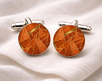 Burnt Orange & Gold Geometric Wedding Cufflinks • Terracotta Groom Cufflinks • Groomsmen Gift