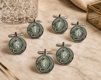Sage Fantasy Shield Cufflinks • Personalised Dragon Cufflinks • Groomsmen Gift • Wedding Party Gift