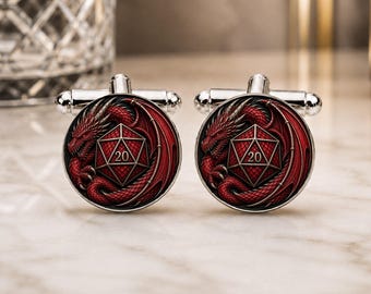 Red D20 Dragon Cufflinks • Fantasy RPG Wedding Cufflinks • Fantasy Gamer Gift • Tabletop Gamer Jewellery • Red Groomsmen Gift