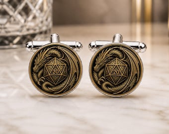 Gold D20 Dragon Cufflinks • Fantasy RPG Wedding Cufflinks • Dragon Dice Gift • Tabletop Gamer Jewellery • Gold Groomsmen Gift