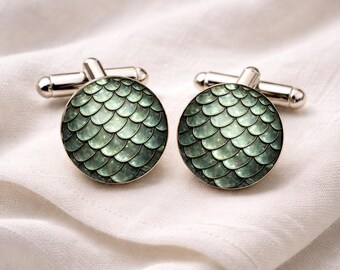 Eucalyptus Green Dragon Scale Cufflinks • Sage Wedding Cufflinks • Fantasy Groomsmen Gift • Dragon Egg Cufflinks • Green Wedding Accessories