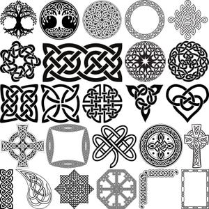 May include: A collection of black and white Celtic knot designs, including circular, square, and cross shapes. The designs feature intricate interwoven patterns, suitable for various craft projects or decorative purposes.