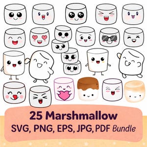 Puede incluir: Ilustración digital de 25 malvaviscos de dibujos animados con diversas expresiones y poses. Algunos malvaviscos tienen brazos y piernas, otros están apilados. El texto "25 Marshmallow SVG, PNG, EPS, JPG, PDF Bundle" está incluido.