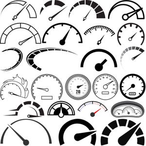May include: A selection of black and white speedometer designs. The illustrations feature various styles of speed gauges, including semi-circular and circular dials with needles indicating different speeds. Some have flames or tyre tread patterns.