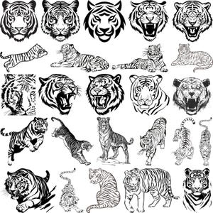 Puede incluir: Una colección de ilustraciones de tigres en blanco y negro en varias poses y estilos. Las imágenes incluyen caras de tigre, representaciones de cuerpo completo y tigres en movimiento, adecuadas para diseño gráfico.