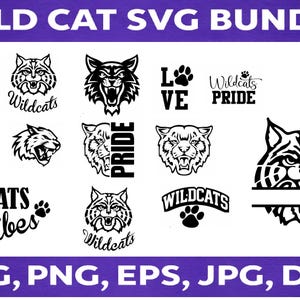 May include: A black and white SVG bundle featuring various wild cat designs, including tiger and bobcat faces, paw prints, and text elements like "Wildcats" and "Pride". The text "WILD CAT SVG BUNDLE" is at the top.