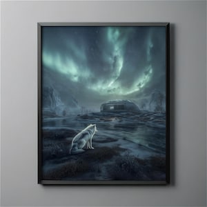 May include: Framed art print featuring a white wolf gazing at a futuristic structure under a vibrant aurora borealis. The artwork is set in a cold, mountainous landscape with a dark, moody atmosphere.