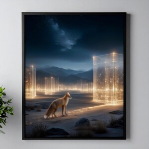 May include: A framed wall art print depicting a fox standing on a dark, rocky landscape at night. The scene features glowing, translucent golden rectangular structures resembling buildings under a starry sky with distant mountain silhouettes.