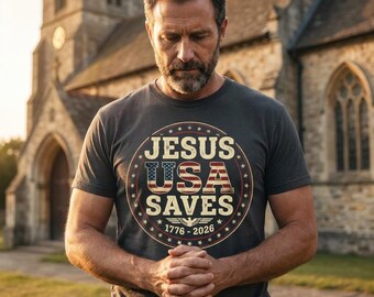 Jesus Saves 1766 to 2026 Shirt, Patriotic American Flag Gildan Tee, Christian USA Semiquincentennial Gift