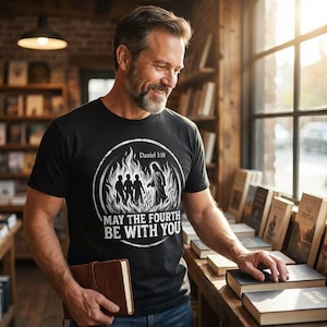 May include: Black t-shirt with a circular graphic featuring figures in flames, the text "Daniel 3:18," and "MAY THE FOURTH BE WITH YOU." The person is holding a brown leather-bound book and is standing in a bookstore.