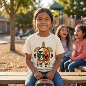 May include: A young girl smiles while wearing a cream-colored t-shirt featuring a turtle design with a circular emblem. The emblem includes a bear, hand, wolf, and eagle. The girl is sitting on a wooden bench with two other girls laughing in the background.