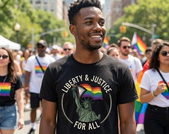 Liberty and Justice For All Pride Shirt, Gay Pride Parade Gildan T-Shirt, Statue of Liberty LGBTQ Graphic Tee