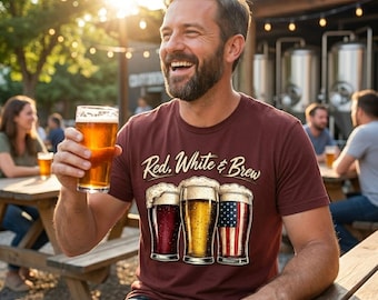 4th of July Beer Sweatshirt, Red White and Brew Gildan Crewneck, Patriotic Fourth July Gift for Dad, Mens Brown Summer BBQ Sweater