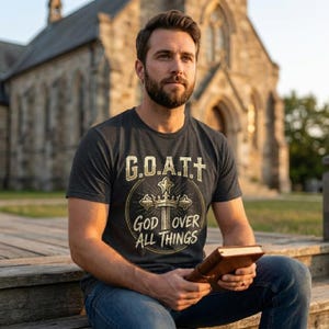 God over all things Christian shirt, distressed cross graphic tee for men
