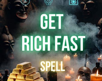 Puede incluir: Una pila de lingotes de oro frente a máscaras talladas oscuras, velas y humo. El texto dice: Same day | Real Ritual | Photo Proof, GET RICH FAST SPELL. La escena incluye una botella oscura, un cuenco pequeño y varias velas encendidas.