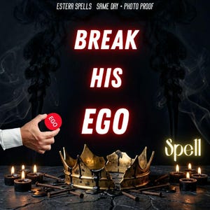 Puede incluir: Imagen oscura con las palabras "BREAK HIS EGO" en neón blanco y rojo. Una mano sostiene un círculo rojo con "EGO". También se presenta una corona dorada con goteos negros y velas encendidas.