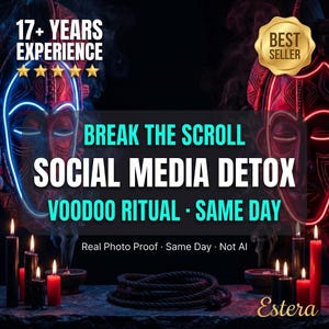 Op de afbeelding: Een digitale afbeelding met twee rode uitgesneden maskers met neon contouren, omringd door zwarte kaarsen en een opgerold touw. De tekst luidt: 17+ YEARS EXPERIENCE, BEST SELLER, BREAK THE SCROLL SOCIAL MEDIA DETOX VOODOO RITUAL - SAME DAY, Estera.