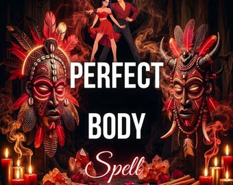 Puede incluir: Dos máscaras oscuras ornamentadas con acentos rojos brillantes, plumas y conchas cauri. Arriba, una pareja baila con ropa roja y negra. Texto: Same day. Photo proof. Free recast. PERFECT BODY Spell. Velas rojas y cristales se ven abajo.