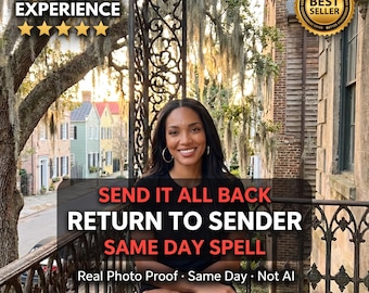 Puede incluir: Una persona de cabello oscuro largo con una blusa negra frente a una barandilla de hierro forjado. El texto incluye 17+ YEARS EXPERIENCE, BEST SELLER, SEND IT ALL BACK RETURN TO SENDER SAME DAY SPELL, Real Photo Proof y Estera.