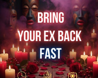 Puede incluir: Un arreglo de velas rojas, pétalos de rosa rojos dispersos y máscaras de madera oscura al fondo. El texto dice: BRING YOUR EX BACK FAST. Debajo, el texto: Same day | Real Ritual | Photo Proof, con iconos de un reloj, manos sosteniendo una llama y una cámara.
