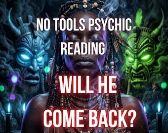 May include: A digital illustration featuring a person with braided hair and beaded jewelry, flanked by two glowing masks in blue and green. Text reads: Same day. Free recast or refund if unhappy. NO TOOLS PSYCHIC READING WILL HE COME BACK?